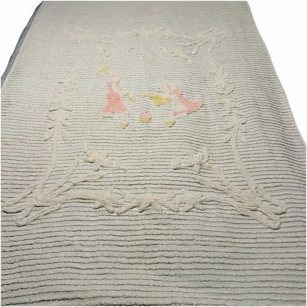 Vtg 50's Chenille Twin Bedspread White Cottage Bed Cover Gardening Floral